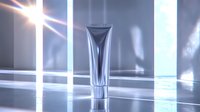 Elegant cosmetic tube on reflective surface with dramatic lighting and lens flares, modern minimalist composition for luxury skincare product presentation.