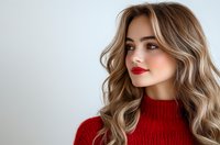 Young woman with blonde wavy hair and red lipstick wearing crimson knit sweater against light background, fashion portrait with professional makeup and styling.