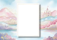 Blank white frame mockup on pastel watercolor fairy tale landscape with castle and mountains for artwork display and design presentation.
