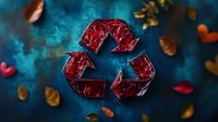 Red crystalline recycling symbol on dark blue textured background with scattered autumn leaves creating environmental awareness concept for sustainable practices.