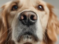 Close-up portrait of golden retriever dog nose and face with soft focus background for pet care veterinary and animal lover concepts.