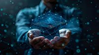 Businessman holding glowing digital network hologram with connected dots and lines, representing global connectivity and future technology in dark setting.