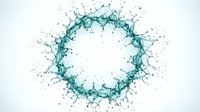 Teal liquid splash forming circular frame with water droplets and splatter effect on white background for design projects.