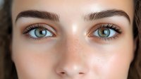 Close up of bright blue eyes with perfectly groomed dark eyebrows and natural makeup look showing flawless skin texture and minimal cosmetics application.