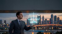 Professional businessman in suit presenting holographic justice scales with city skyline at sunset, legal technology concept for corporate law firms.
