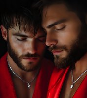 Intimate portrait of two bearded men in red attire with silver necklaces, eyes closed in tender moment against dark background. Artistic lighting creates dramatic mood.