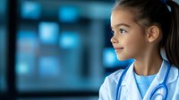 Young Hispanic female medical professional in white coat and stethoscope smiling confidently against blurred hospital background with blue technology interface.