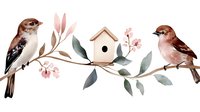 Two sparrows perched on branch with wooden birdhouse, pink flowers and green leaves in watercolor style, seamless border design for stationery and home decor.