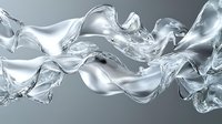 Dynamic flowing liquid mercury or chrome wave with glossy metallic surface creates abstract modern design element on gray background.