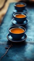 Three elegant dark blue ceramic teacups filled with amber tea arranged in row on rustic wooden surface for hospitality and relaxation concepts.
