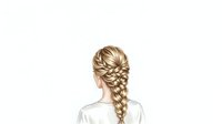 Young woman with long blonde hair styled in an intricate braided ponytail, wearing a white top, shown from behind against a white background. Suitable for beauty, hairstyle, and fashion design projects.