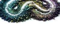 Swirling glitter in teal, gold, and purple creates an abstract wave pattern on white background, suitable for festive designs and decorative projects.