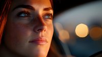 Young woman with glowing skin illuminated by warm sunset light while driving, bokeh city lights in background creating atmospheric evening mood.