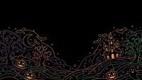 Halloween landscape with spooky haunted house, twisted trees, pumpkins and ghosts in colorful line art style on black background for seasonal designs.