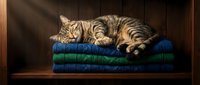 Tabby cat resting on stacked blue and green towels on wooden shelf in warm interior setting, relaxation and comfort concept.