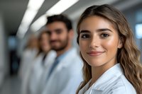 Young Hispanic female medical professional smiling confidently in hospital hallway with colleague in background, wearing white coat, representing healthcare career.