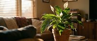 Lush green houseplant in terracotta pot on wooden table in cozy living room with warm sunlight streaming through blinds creating peaceful home atmosphere.