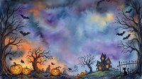 Halloween night scene with glowing jack-o-lanterns, bare trees, flying bats and haunted house silhouette against colorful twilight sky for seasonal designs.