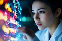 Young Asian businesswoman analyzing digital data visualization with colorful bokeh lights reflecting on face while working late at technology office.
