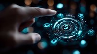 Hand reaching toward glowing digital dollar sign hologram with financial icons and data visualization elements for fintech and investment concepts.