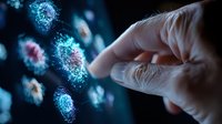 Finger pointing at glowing blue virus cell visualization on dark background, medical science concept for healthcare research and viral disease studies.