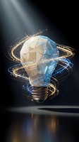 Glowing polygonal light bulb with golden energy trails and blue illumination representing innovation, creativity and breakthrough ideas in business technology.