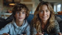 Caucasian mother and teenage son with wavy hair sharing tender moment at home, authentic family lifestyle portrait showing connection and bonding between parent and child.