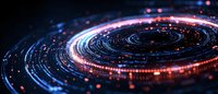 Glowing spiral of blue and orange light particles creating futuristic circular pattern against dark background, abstract technology concept visualization.