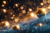 Magical cosmic scene with golden planets and glowing particles floating in deep blue space, perfect for astronomy themes and fantasy backgrounds.