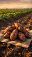 Fresh sweet potatoes harvested from organic farm field at golden hour sunset with burlap sack on rich soil for healthy eating and agriculture concepts.