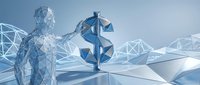 Digital human figure reaching toward floating dollar sign symbol in abstract geometric low poly environment for financial technology concepts.