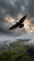 Majestic raven soaring above dramatic mountain landscape with stormy clouds and winding river valley below creating powerful nature scene.