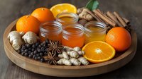 Fresh oranges, ginger root, honey jars, star anise, cinnamon sticks and juniper berries on wooden tray, natural cold and flu remedies ingredients for immune boosting drink.