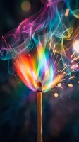 Colorful smoke and sparks erupting from wooden stick creating magical rainbow flame effect with vibrant light trails and glowing particles on dark background.