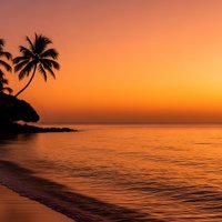 Tropical beach sunset with palm trees silhouetted against orange sky over calm ocean waves. Serene coastal landscape for travel and vacation concepts.