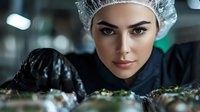 Young female chef in protective cap and black uniform closely inspecting fresh ingredients on kitchen counter with focused expression in professional restaurant setting.