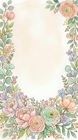 Watercolor floral frame with pastel roses, peonies, and greenery on a soft peach background, perfect for wedding invitations and greeting cards.
