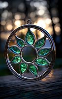 Metallic pendant with emerald green crystal petals forming sunflower design, captured at sunset with bokeh background on wooden surface. Decorative jewelry piece.