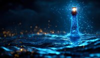 Glowing lighthouse in dark stormy sea with magical blue light and sparkles illuminating rough waters against dramatic night sky with bokeh effects.
