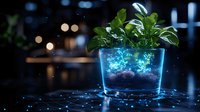 Glowing houseplant in transparent pot with blue neon light effect and digital network pattern, futuristic botanical concept for smart home and biophilic design.