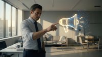 Professional businessman interacting with holographic megaphone icon in modern office, digital marketing and communication technology concept.