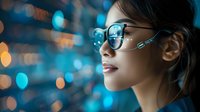 Young Asian woman wearing glasses with reflection of blue bokeh lights in background, side profile view showing confident modern professional expression.