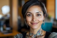 Young tattooed woman with short dark hair smiling warmly in modern cafe setting. Professional portrait for lifestyle and business content.