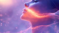Young woman profile with glowing energy lines flowing through neck in purple and orange ethereal light, magical particles floating in dreamy atmosphere.