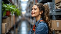 Young Hispanic female warehouse worker with ponytail and denim jacket smiling while checking inventory among storage shelves with plants and cardboard boxes in industrial setting.