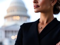 Professional African American woman in black blazer with elegant jewelry shown in profile against blurred government building dome with evening bokeh lights.