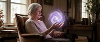 Senior Caucasian woman sitting in armchair holding glowing purple energy orb in cozy living room. Concept of magic, supernatural powers, fantasy storytelling.