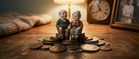 Elderly couple figurines sitting on scattered coins representing retirement savings and financial planning for senior years.