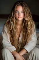 Young Caucasian woman with long wavy blonde hair wearing casual linen clothing sits in natural light. Soft portrait showcasing natural beauty and ethereal mood.