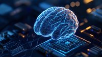 Digital brain hologram floating over computer circuit board with glowing blue neural network connections and electronic components in futuristic technology concept.